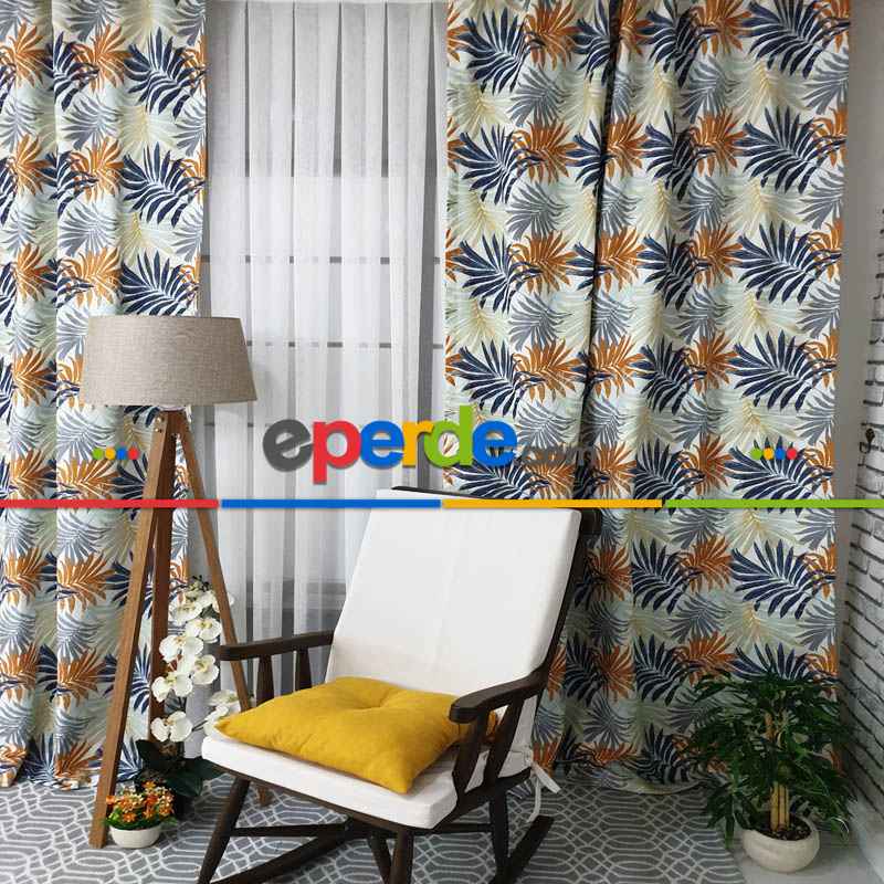 Mutfak Perdesi Kanat Fon Perde Yaprak Desenli- Siyah