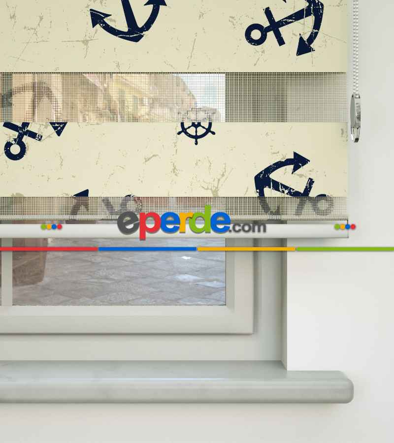 Bebek Odası Zebra Perde - Çapa Baskılı Zebra Perde- Lacivert-Kahve Açık