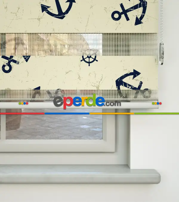 Bebek Odası Zebra Perde - Çapa Baskılı Zebra Perde- Lacivert-Kahve Açık