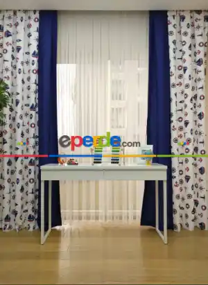 Çapa Desen Denizci Fon Perde Düz Ve Desenli- Lacivert-bordo-ekru