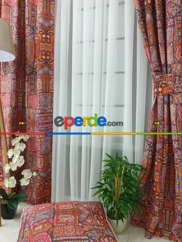 Hint El İşlemesi Desenli Baskılı Fon Perde - Kampanyalı Kaliteli Ürün- Turuncu- Çok Renkli 3