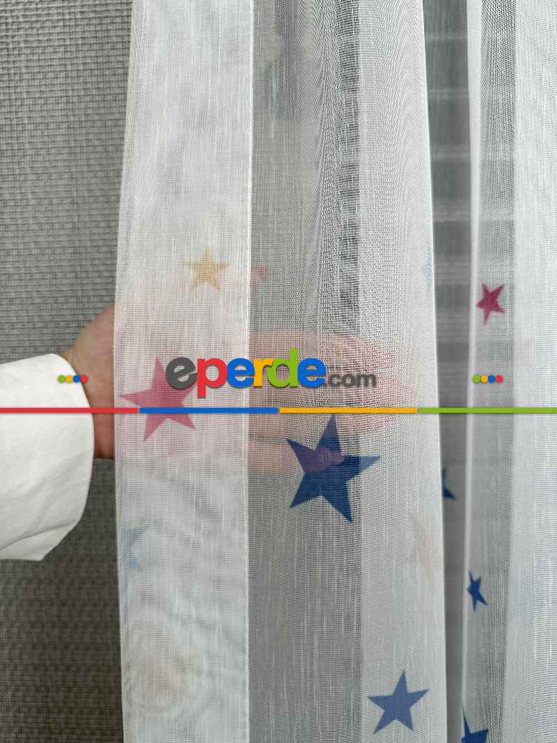 Bebek Odası Tül Perde - Çok Renkli Yıldız Baskılı Tül Perde, Çocuk-bebek Odası, Premium Seri