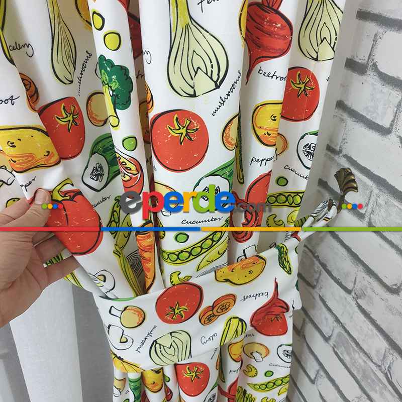 Mutfak Perdesi Kanat Fon Perde Sebze Desenli- Yeşil