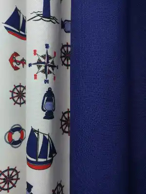 İki Renkli Çocuk Odası Fon Perde Denizci Çapa Desenli Kombinli- Mavi-Bordo