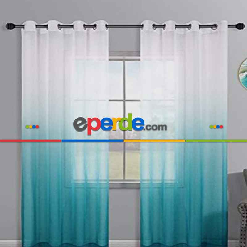 Petrol Renk Rustik Kuşgözü Degrade Tül Perde Decoring Halka Tül