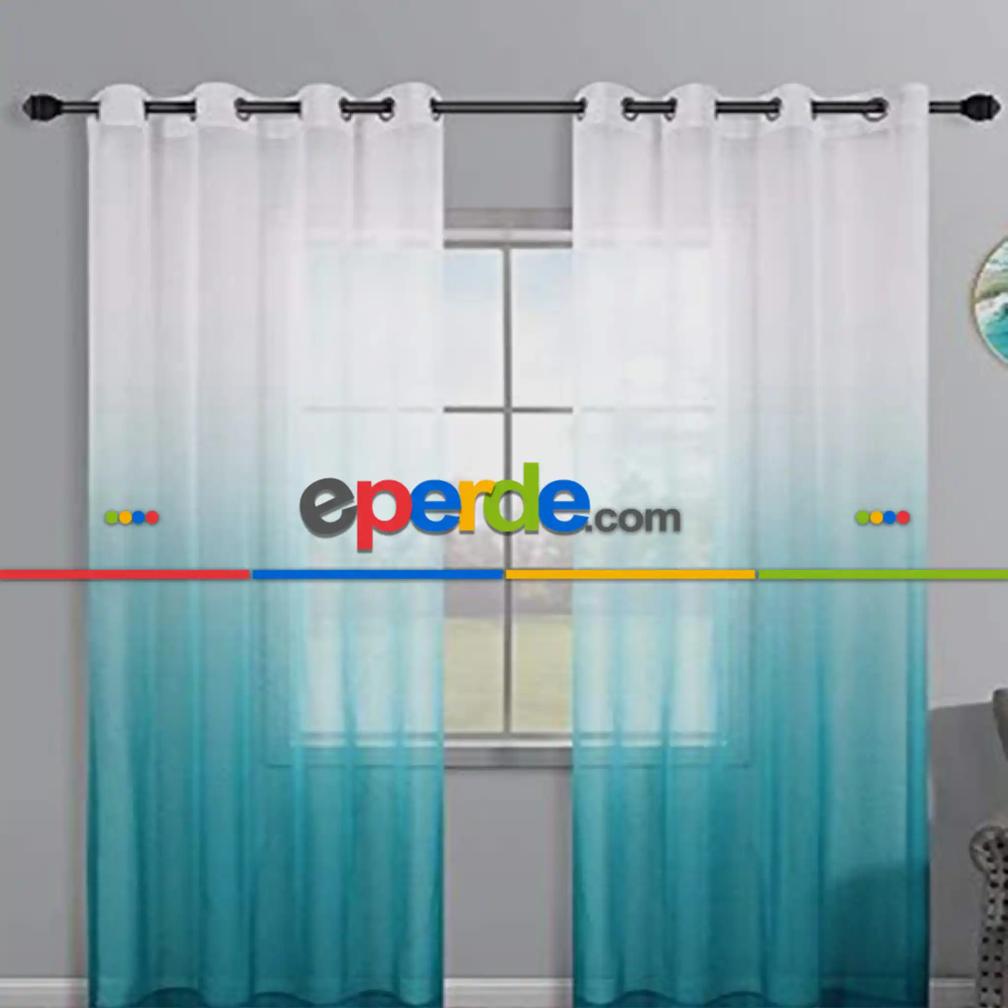 Salon - Petrol Renk Rustik Kuşgözü Degrade Tül Perde Decoring Halka Tül