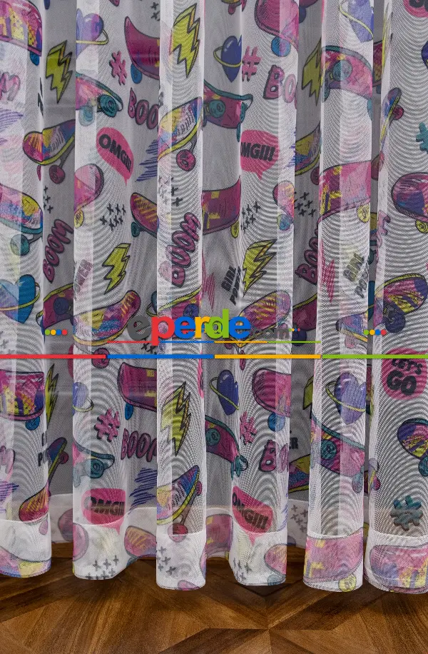 Petek Zemin Pembe Ve Sarı Renkli Kaykay Desenli Grek Baskılı Tül Perde Girl Power 190cm X 255cm 