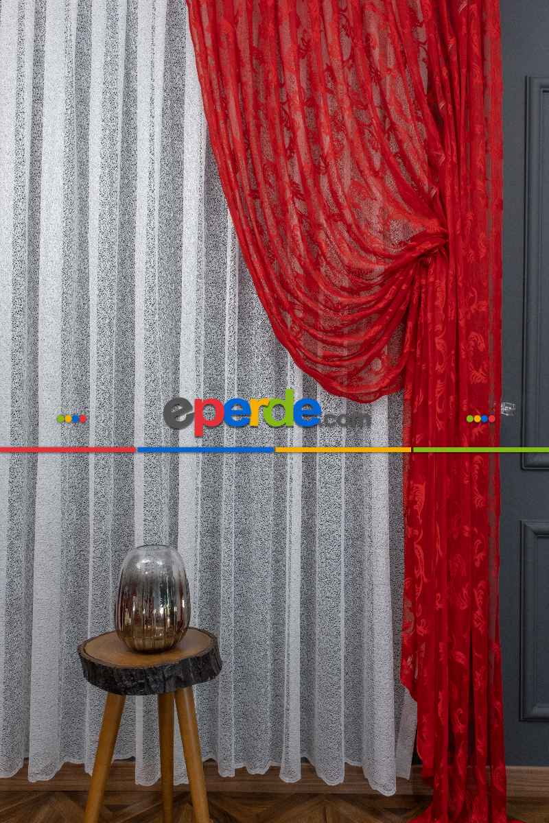 Tül Fon Kırmızı Renk Büzgülü Tasarım Moda Tasarım Fon Perde- Kırmızı 70cm X 1cm 