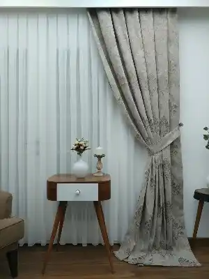 Lüx Jakar Çift Yüzlü Damaks Desenli Fon Perde - Taş Rengi - Altın Hazır Dikili Tek Kanat Sıkpile- Altın-Taş Rengi 100cm X 265cm 