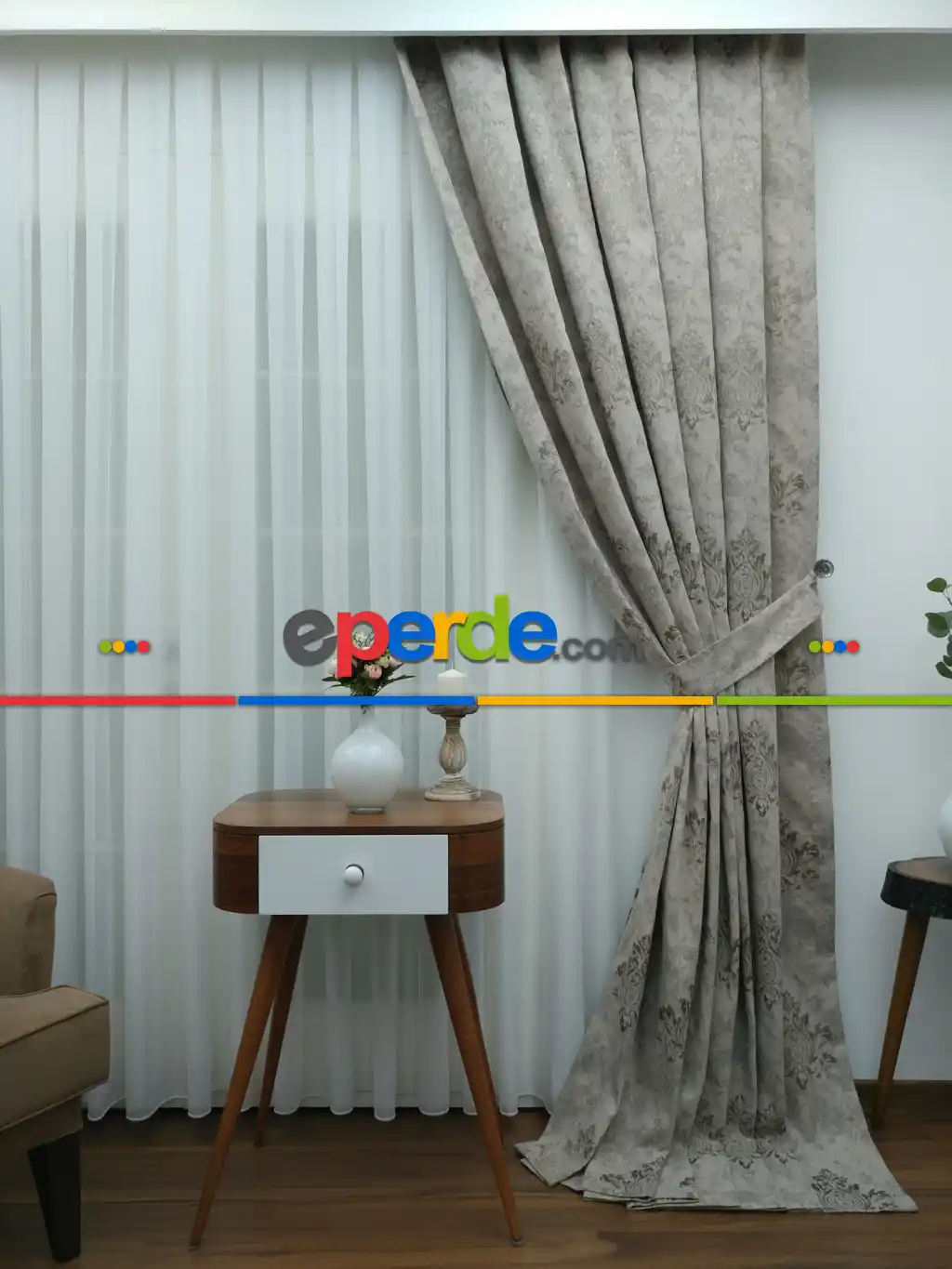 Lüx Jakar Çift Yüzlü Damaks Desenli Fon Perde - Taş Rengi - Altın Hazır Dikili Tek Kanat Sıkpile- Altın-Taş Rengi 100cm X 265cm 