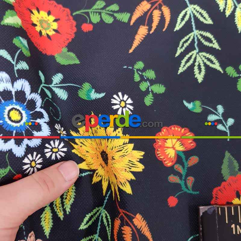 Çiçek Desenli Fon Perde Evm462 - Kumaşı Kalındır Duck Bezi Değildir.- Siyah-Kırmızı-Siyah Kırmızı-Çok Renkli