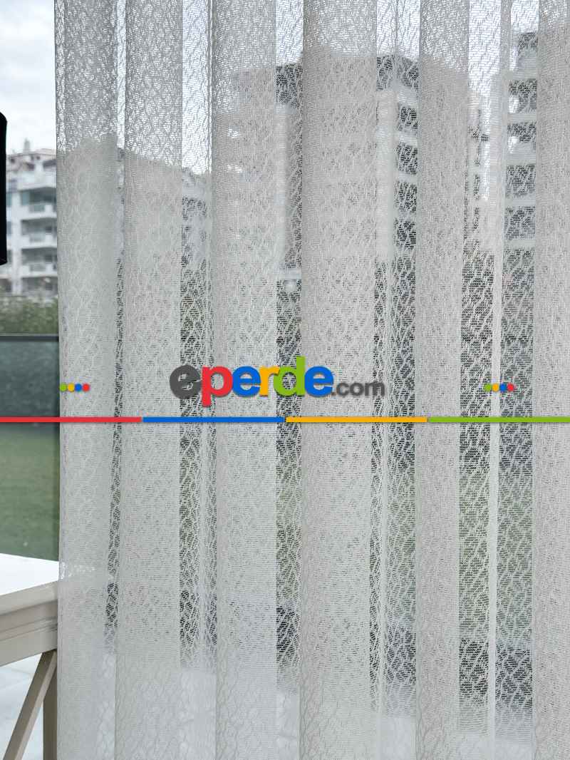 Salon - Desenli Fransız Dantel Örme Tül Perde, Desenli Ütü İstemeyen Tül