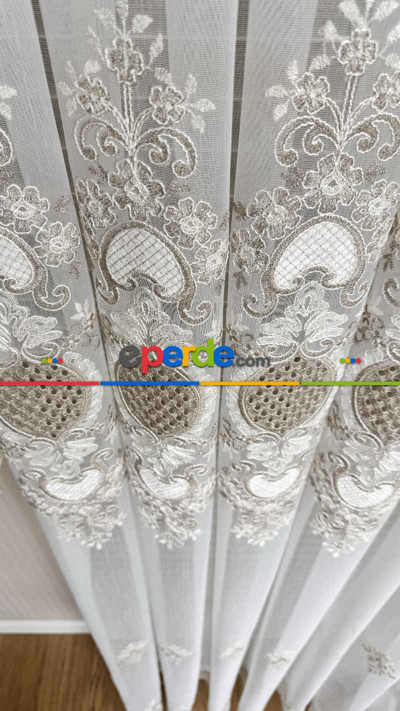 Ekru Bej Özel Dokuma, Özel İplik Brode İşlemeli Tül Perde - Ağır Gramajlı Premium Nakışlı