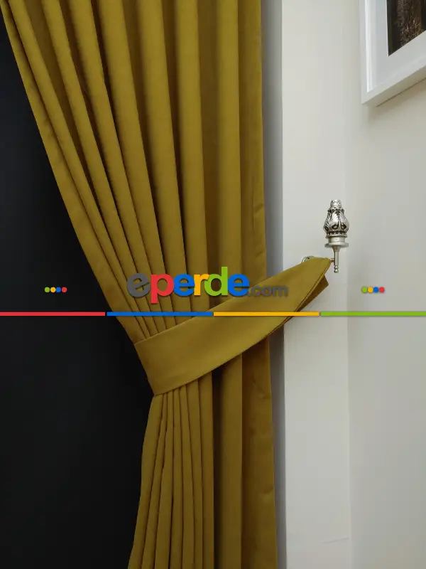 Düz Renk Dökümlü Fon Perde (180)- Hardal Yeşili