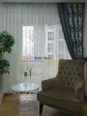 Fırsa Ürünü!! Hazır Ölçülü Spor Desen Fransız Dantel Patine Desenli Sık Pileli Tül Perde