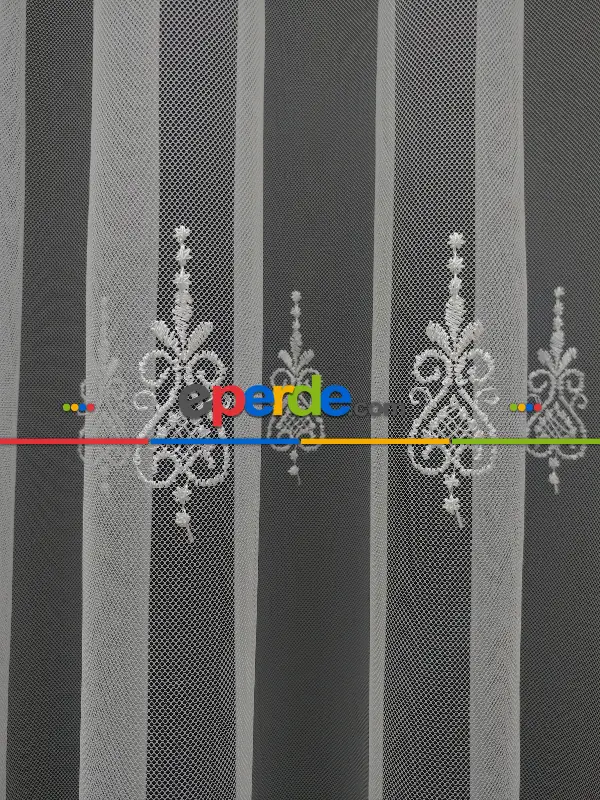 %60 İndirimli - Nakış İşlemeli Desenli Tül Perde - Ütü İstemez- Ekru