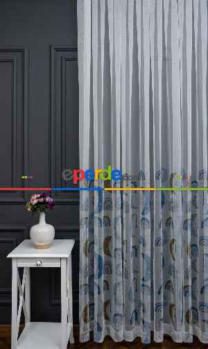 Hazır Ölçülü Petek Zemin Mavi Renkli Ay Desenli Grek Baskılı Tül Perde