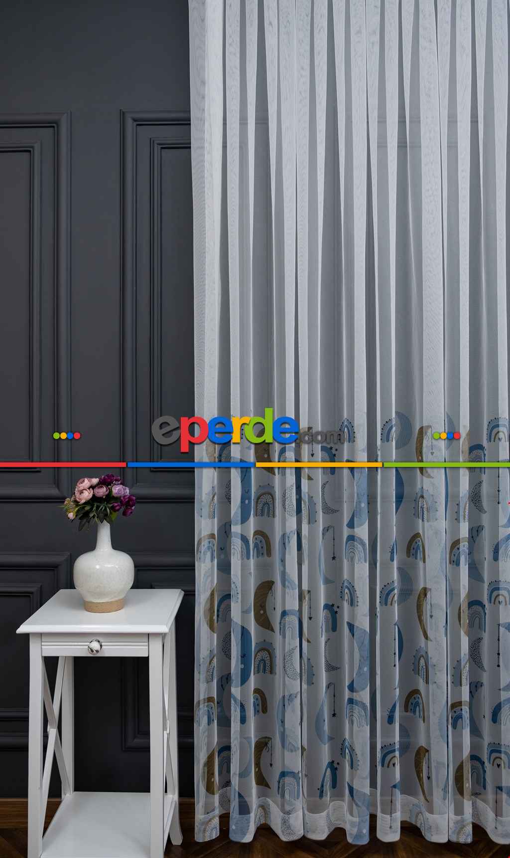 Hazır Ölçülü Petek Zemin Mavi Renkli Ay Desenli Grek Baskılı Tül Perde