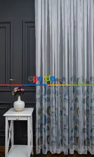 Hazır Ölçülü Petek Zemin Mavi Renkli Ay Desenli Grek Baskılı Tül Perde