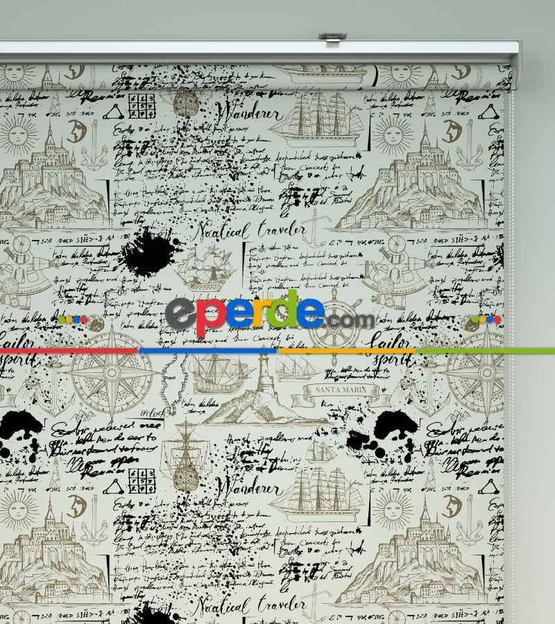 Genç Odası - Denizci Desenli Baskılı Stor Perde- Siyah-ekru-kahve