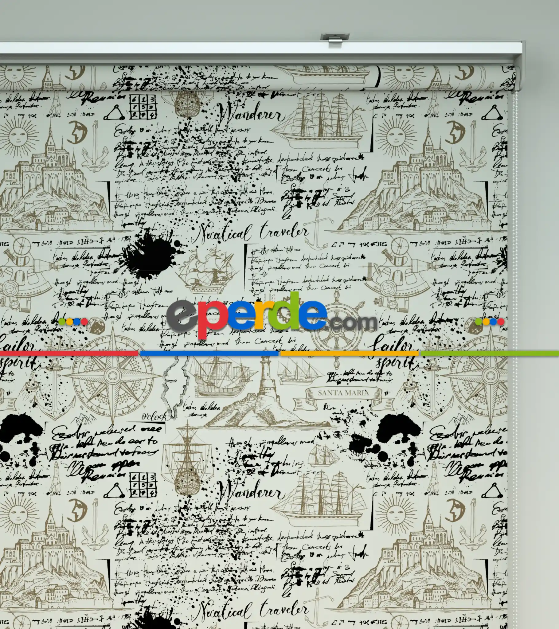 Denizci Desenli Baskılı Stor Perde- Siyah-ekru-kahve