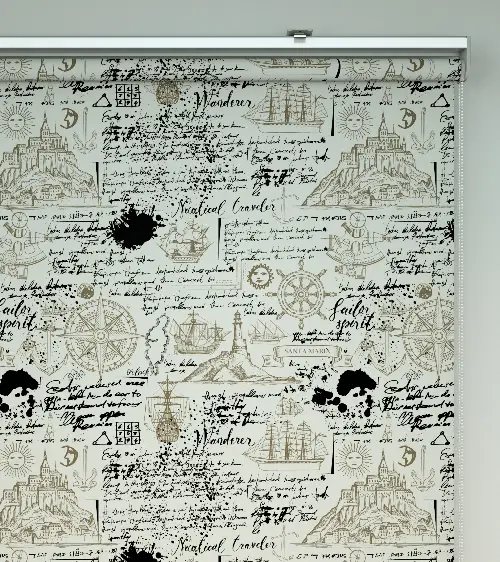 Denizci Desenli Baskılı Stor Perde- Siyah-ekru-kahve