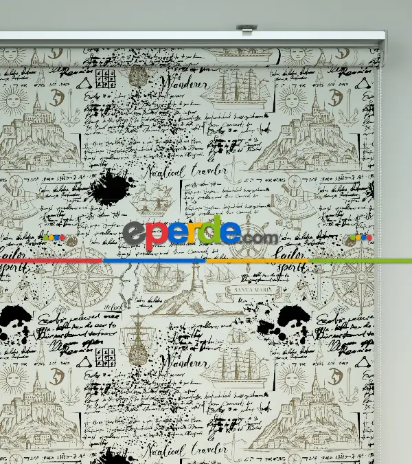 Denizci Desenli Baskılı Stor Perde- Siyah-ekru-kahve