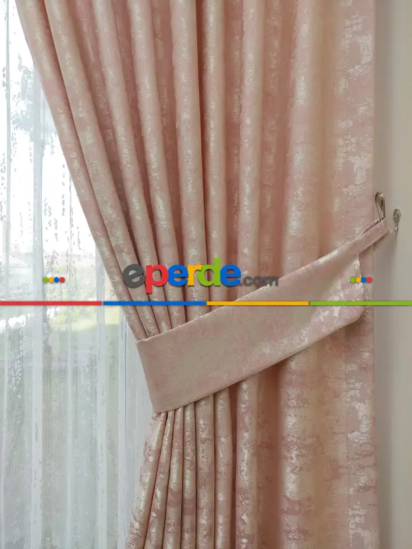 Patinedesenli Pudra - Katyonik Jakar Fon Perde- Pudra