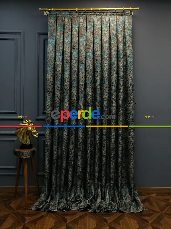 Yatak Odası Fon Modern Desenli Jakarlı Salon Fon Perdesi 2025 Series Özel Renkler- Bej-haki-turkuaz Mavi