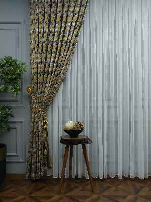 Salon Perdesi - Sarı Desenli Jakar Fon Perde (285 En)- Sarı