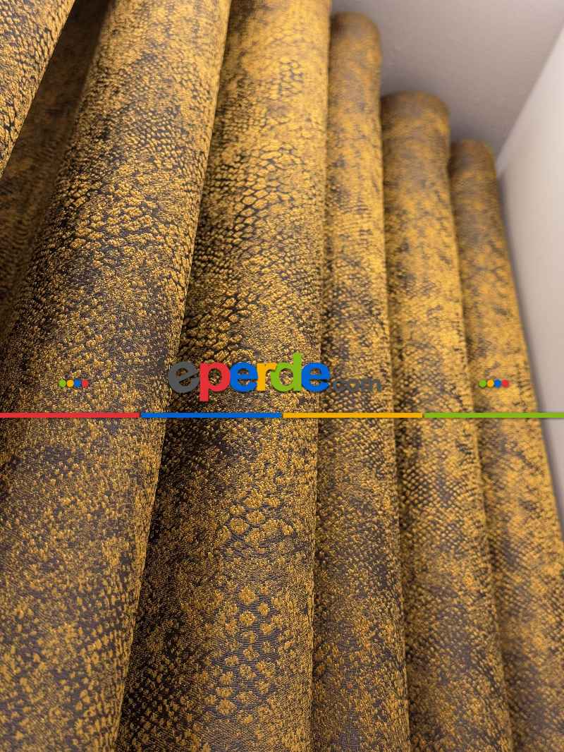 Oturma Odası - Gold Hardal Jakar Dokuma Desenli Fon Perde, Hafif Parlak Premium Kalite Seri