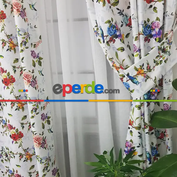 Yatak Odası - Çiçek Desenli Fon Perde Evm1059 Kumaşı Kalındır Duck Bezi Değildir- Yeşil-Kırmızı-Pembe Koyu