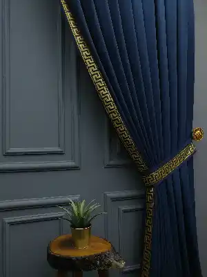 Modern Bordürlü Salon Fon Perdesi İkon 2021 Elıte- Siyah-lacivert-hardal Sarısı