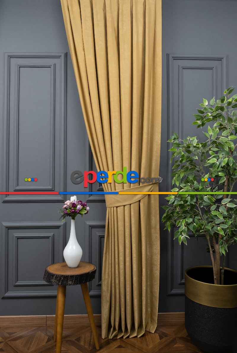 Salon - Soft Fon Perde Hardal Rengi Dökümlü En - Hardal