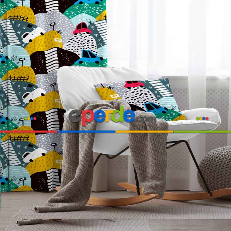 Araba Desenli Fon Perde Evim855 Kumaşı Kalındır Duck Bezi Değildir- Mavi-beyaz