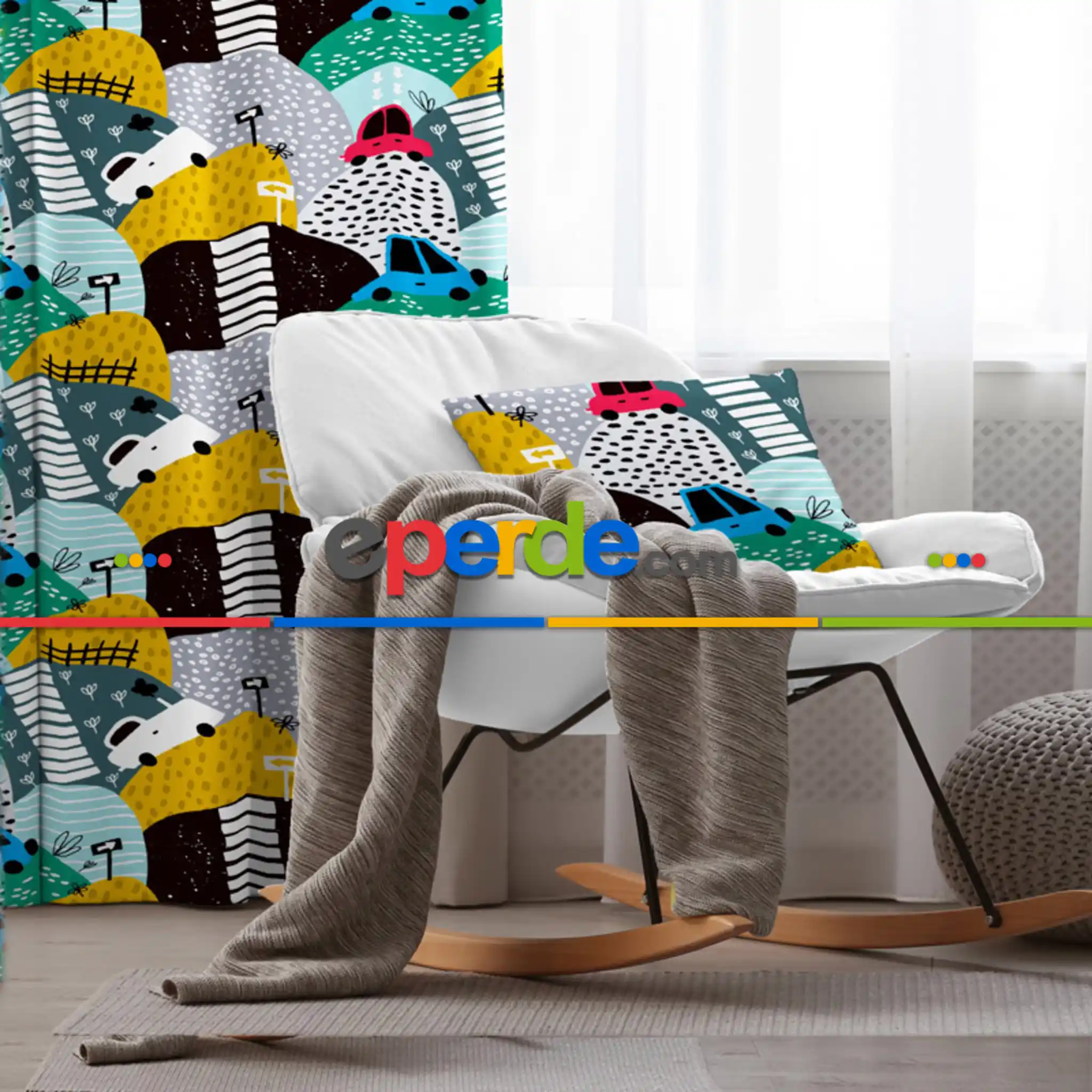 Çocuk Odası - Araba Desenli Fon Perde Evim855 Kumaşı Kalındır Duck Bezi Değildir- Mavi-beyaz