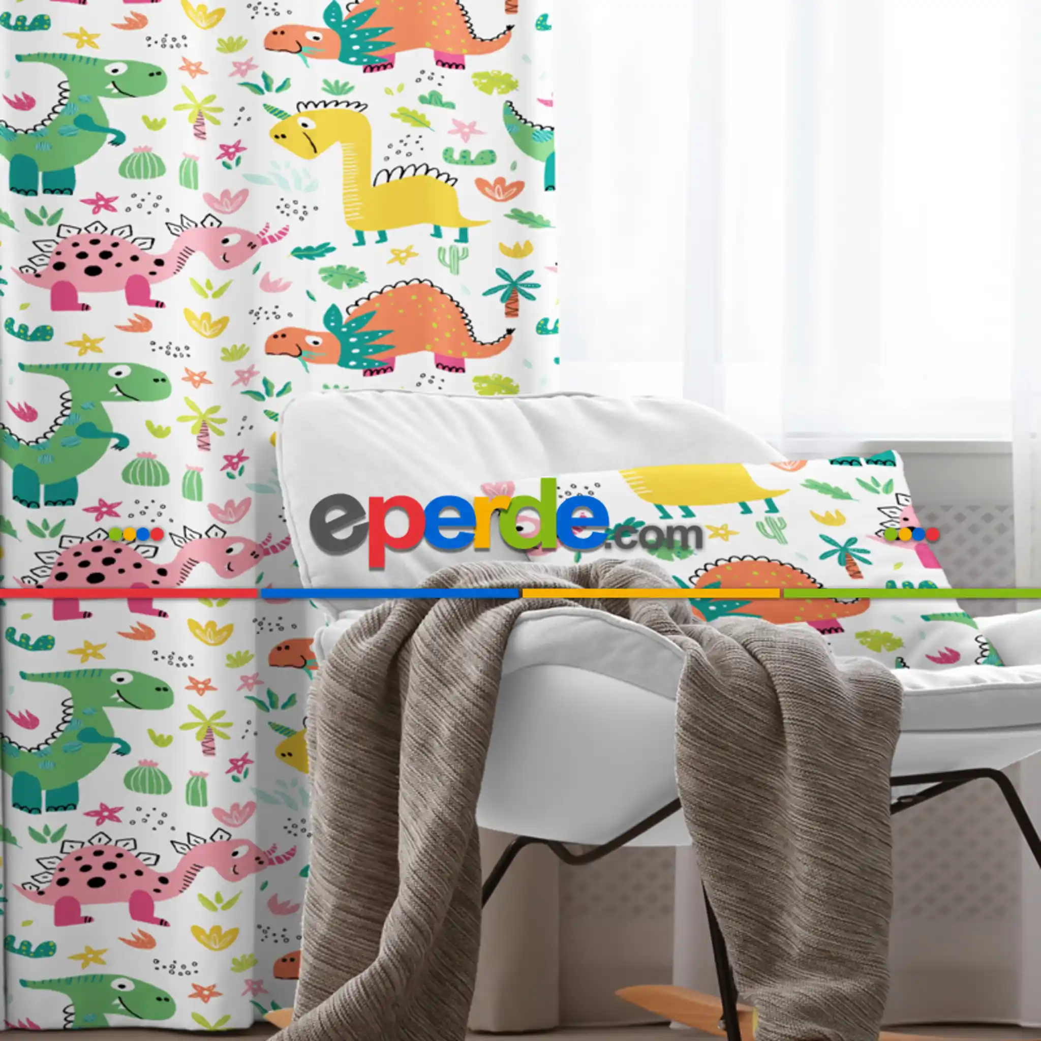 Çocuk Odası - Dinazor Desenli Fon Perde Evim862 Kumaşı Kalındır Duck Bezi Değildir- Mavi-beyaz