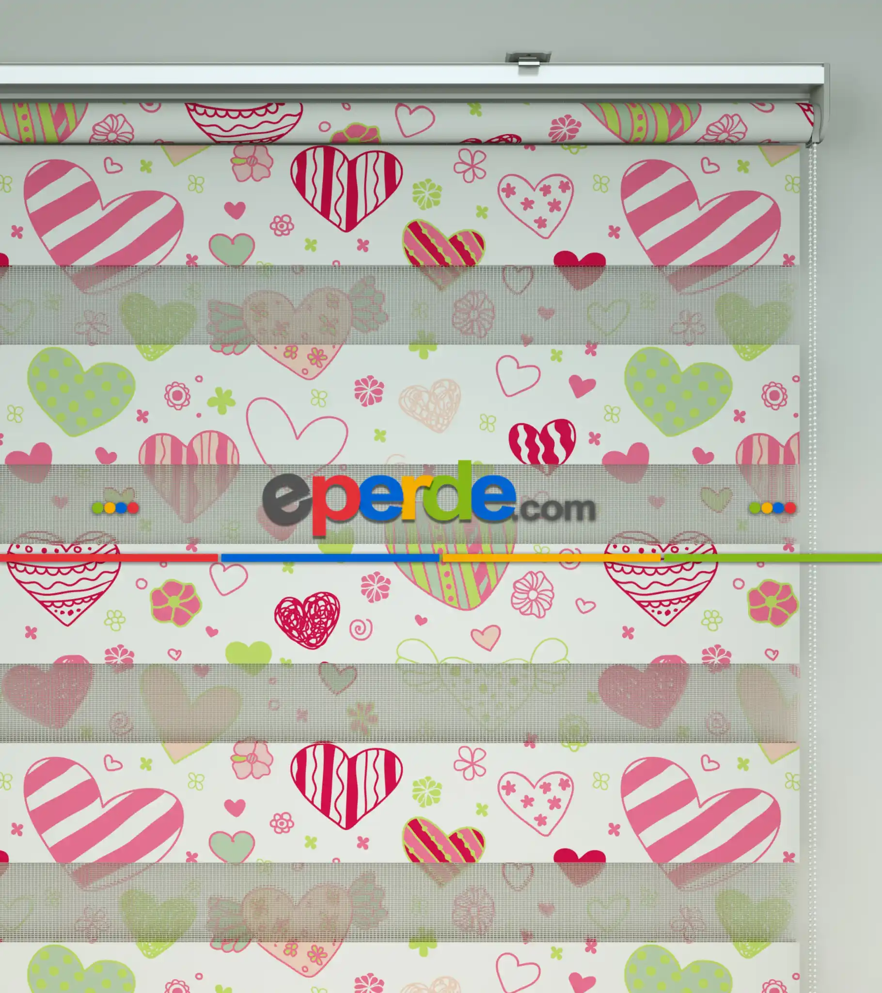 Çocuk Odası Zebra - Kalp Desenli Baskılı Zebra Perde- Çok Renkli