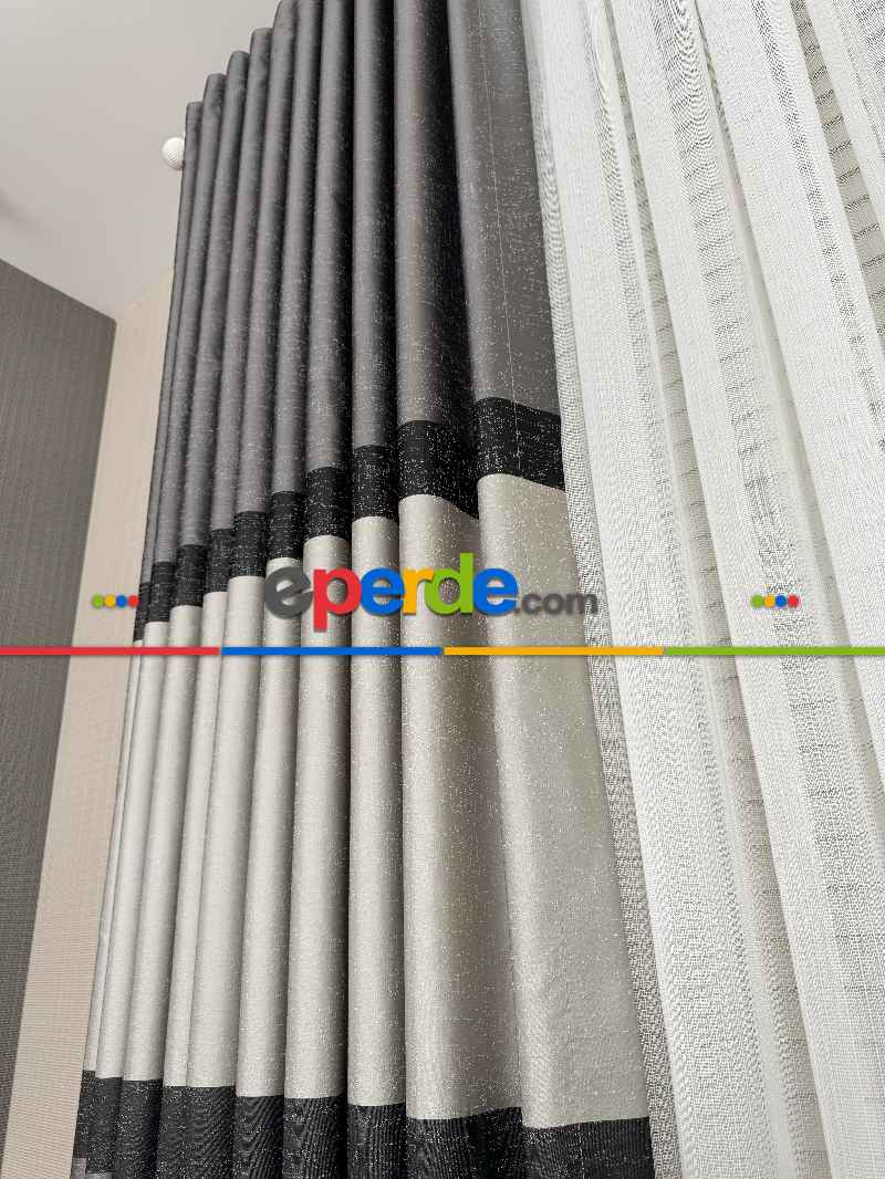 Salon - Gri Kum Beji Jakar Dokuma Fon Perde, Parlak Zemin