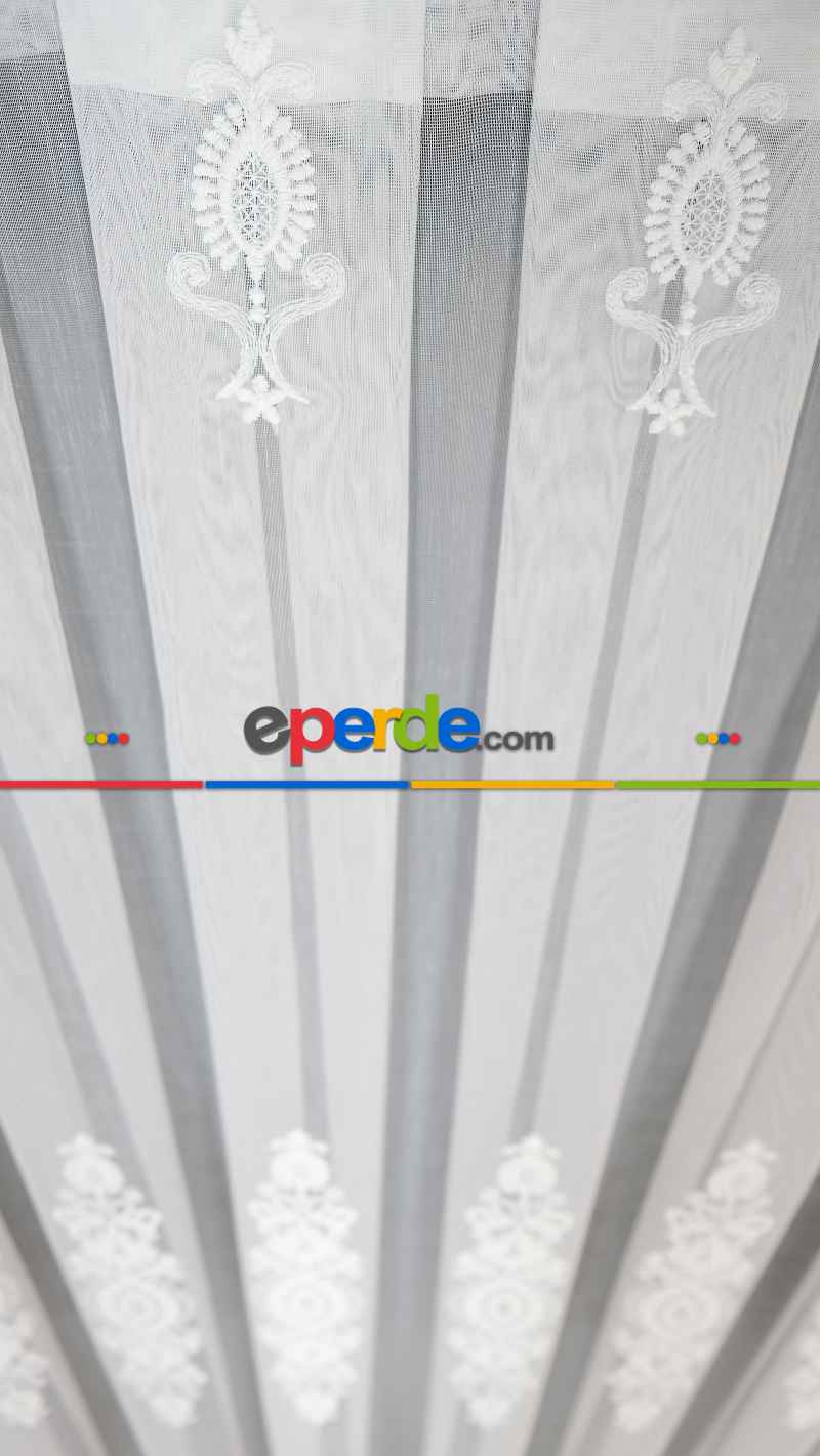 Şehrazat Beyaz Motif İşlemeli Ütü İstemez Salon Tül Perde