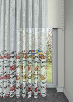 Fırsat Ürünü!! Kırmızı Araba Desenli Keten Zemin Baskılı Renkli Pilesiz Tül Perde - Erkek Çocuk Odası