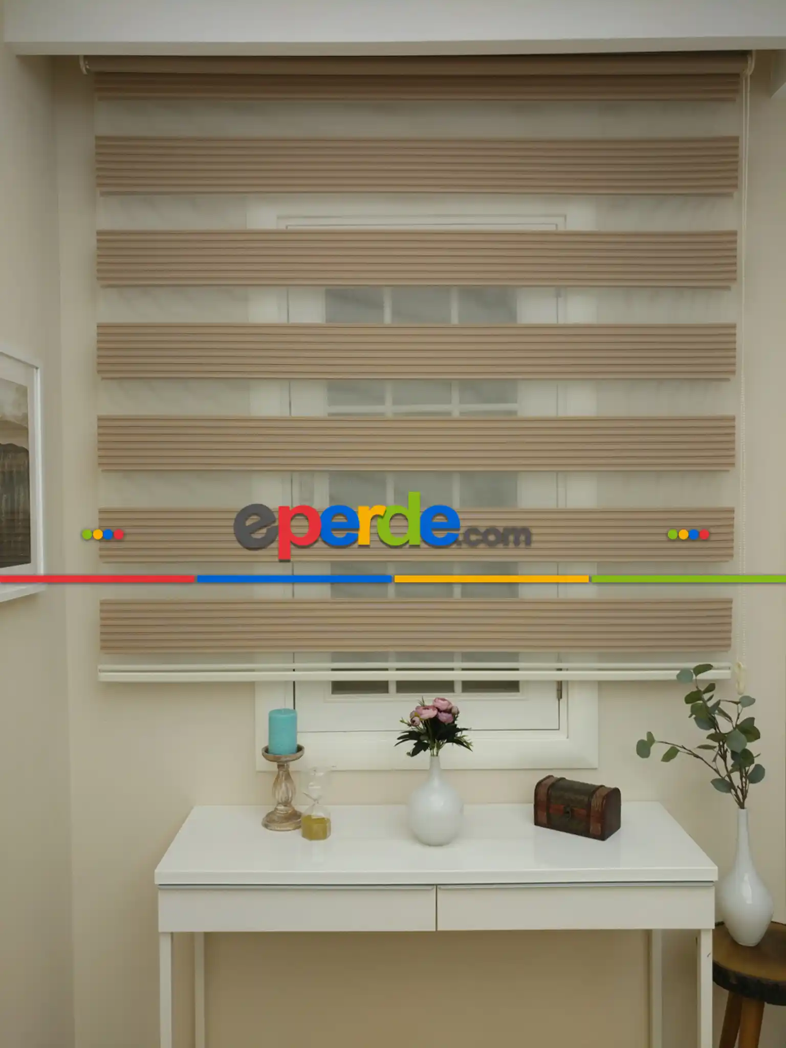 Oturma Odası - Zebra Perde - Geniş Pileli Zebra Perde- Sütlü Kahve