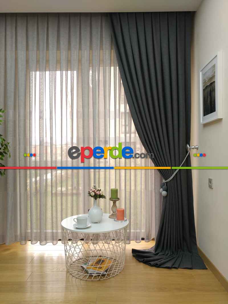 Keten Gri Renk Düz Fon Perde- Gri-füme-antrasit