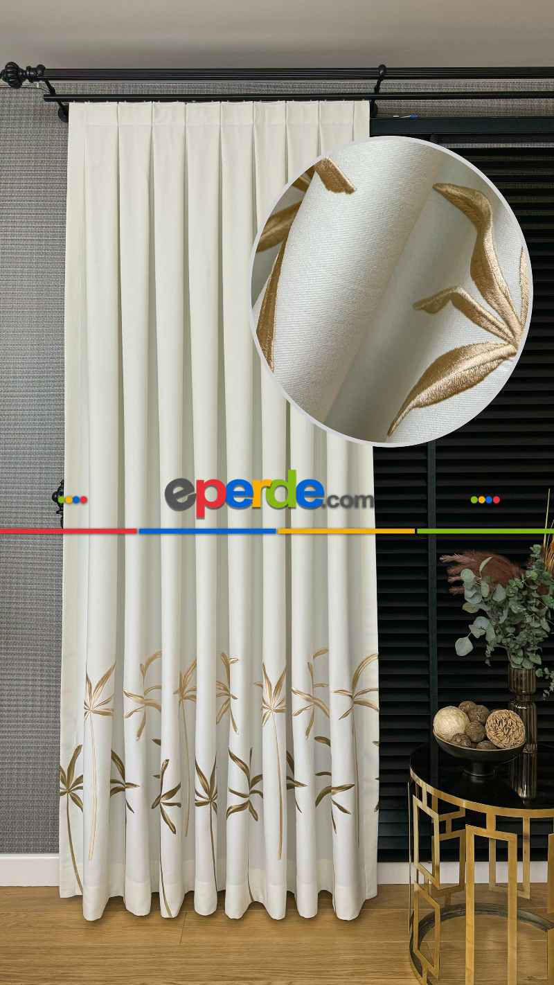 Ekru Gold Yaprak Desenli Pano Jakar Dokuma Nakışlı Fon Perde - Premium Seri Ağır Gramajlı