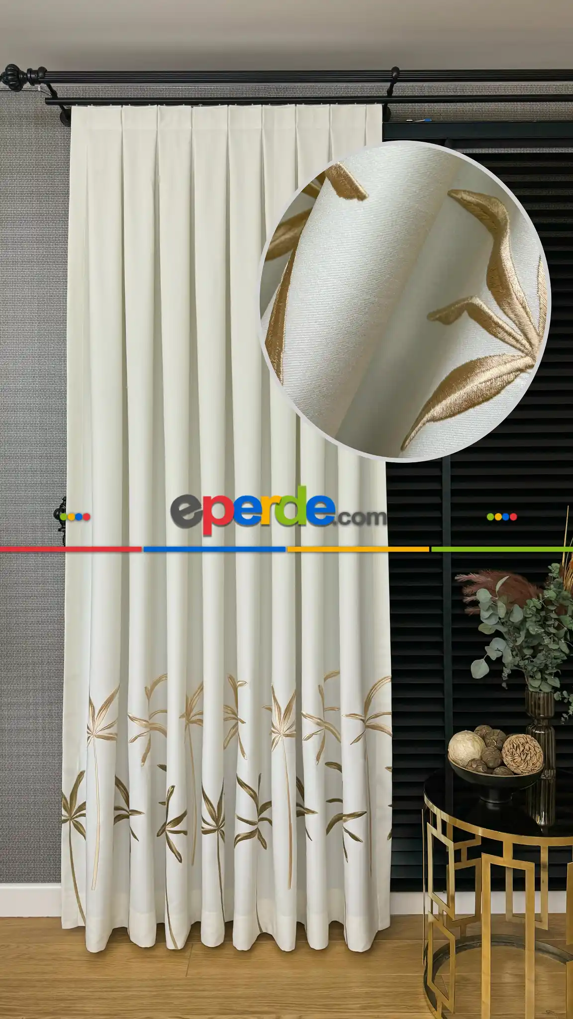 Ekru Gold Yaprak Desenli Pano Jakar Dokuma Nakışlı Fon Perde - Premium Seri Ağır Gramajlı