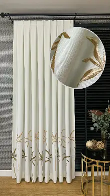 Ekru Gold Yaprak Desenli Pano Jakar Dokuma Nakışlı Fon Perde - Premium Seri Ağır Gramajlı