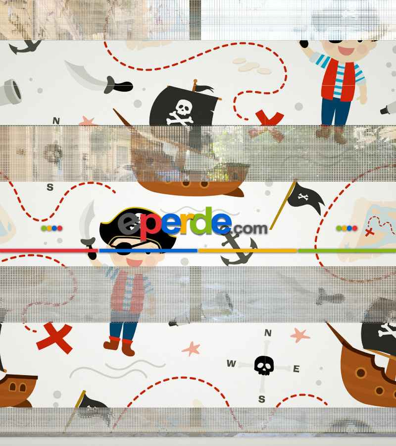 Bebek Odası Zebra Perde - Korsan Desen Baskılı Zebra Perde- Çok Renkli