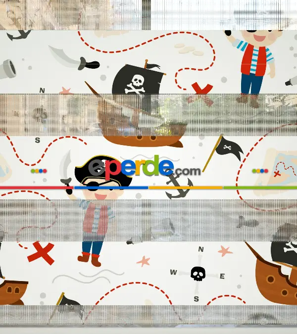 Bebek Odası Zebra Perde - Korsan Desen Baskılı Zebra Perde- Çok Renkli