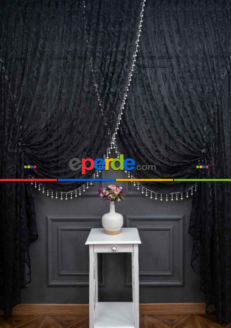 Siyah Sarmaşık Desen Tül Kruvaze Tül Perde Yanki Tül