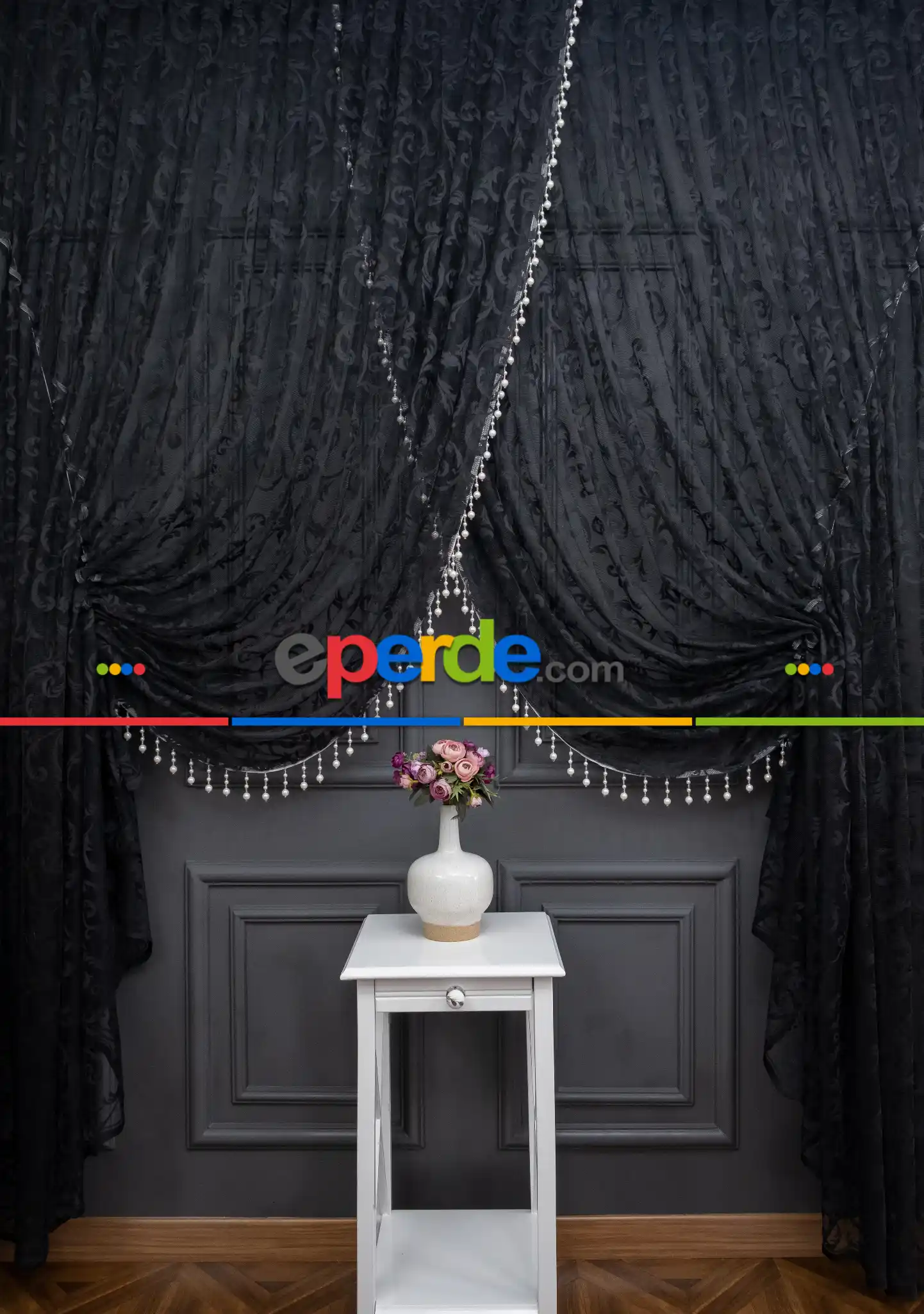 Siyah Sarmaşık Desen Tül Kruvaze Tül Perde Yanki Tül